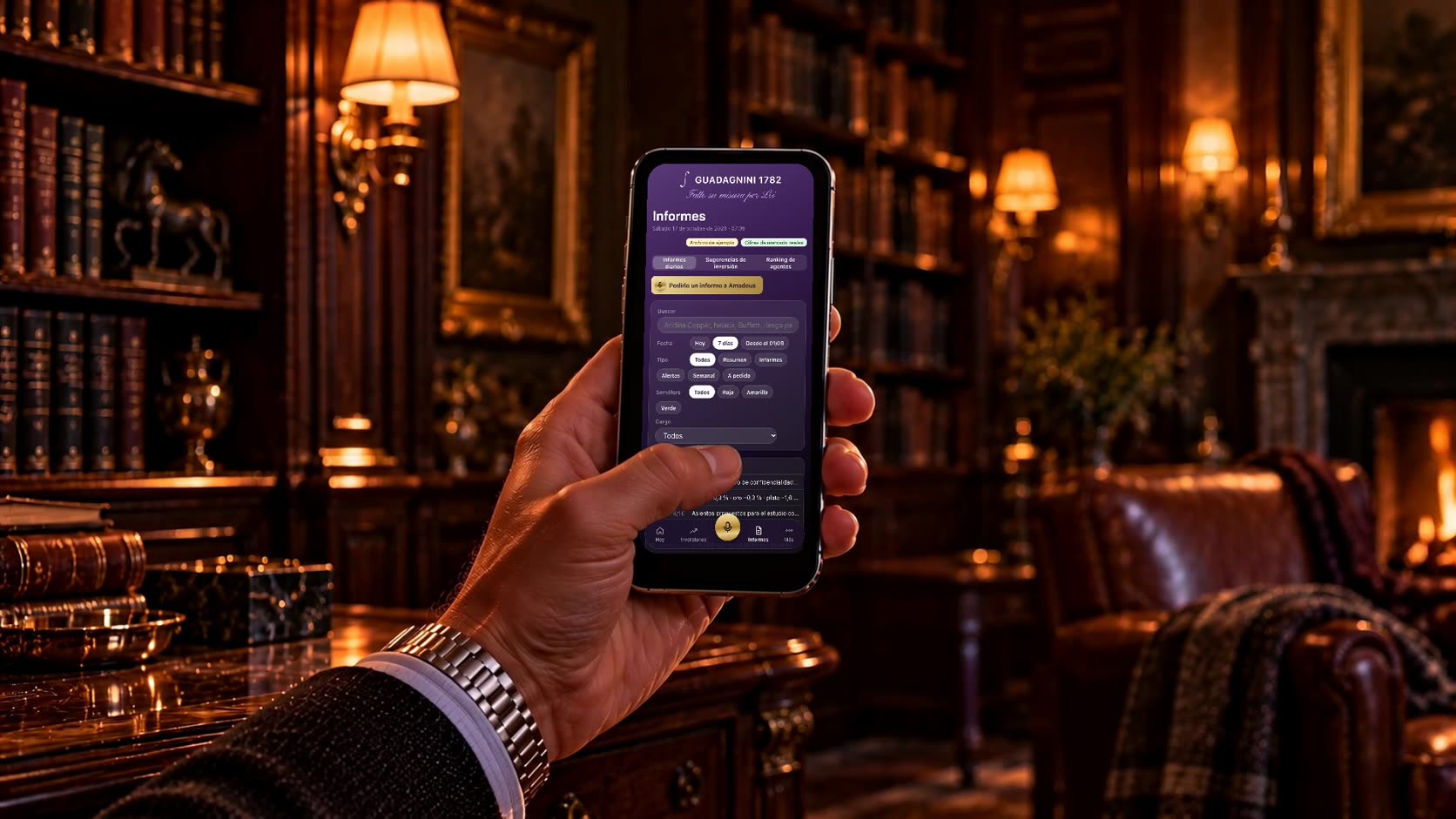 Una mano sostiene un iPhone con el archivo de informes de la app, en una biblioteca con chimenea