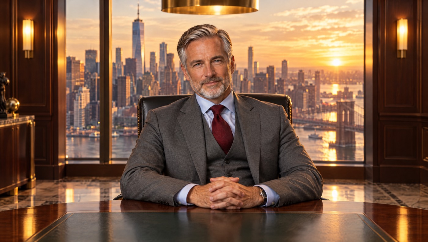 El asesor de inversiones, un hombre de traje gris y pelo entrecano, sentado a una mesa de directorio frente a Nueva York al atardecer