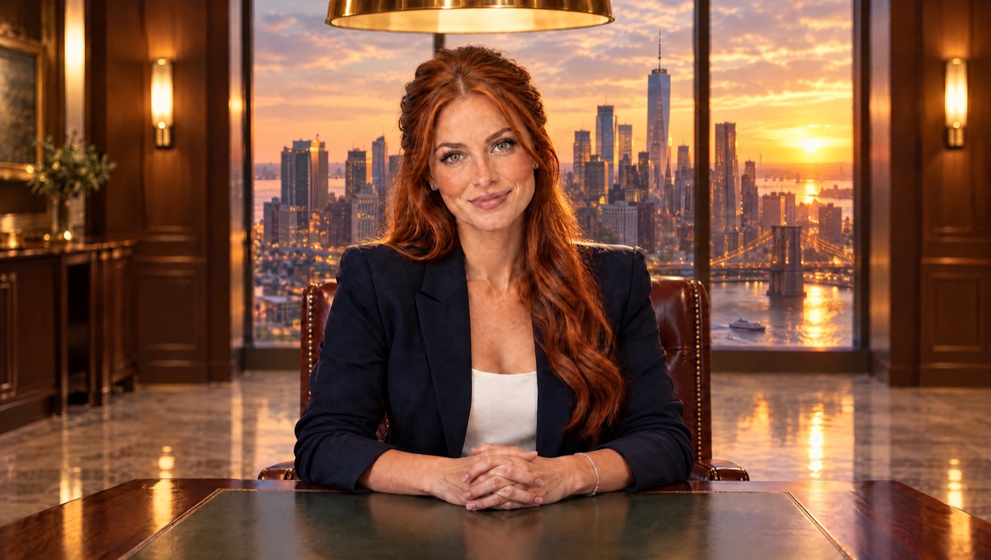 La presentadora virtual del resumen semanal, sentada a la mesa de directorio frente a Nueva York al atardecer